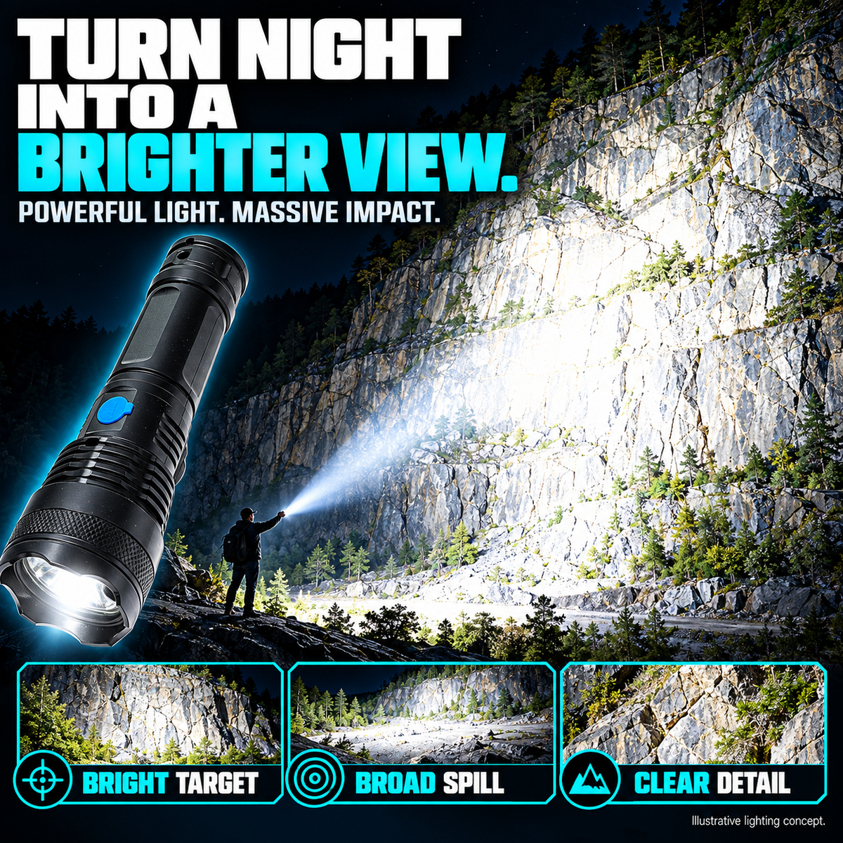 🔦 TacticalBeam Pro Rechargeable Flashlight 🎯 Adjustable Flood & Spot Beam 🌧️ IPX7 Waterproofing for Home, Roadside & Outdoor Use-8RH7