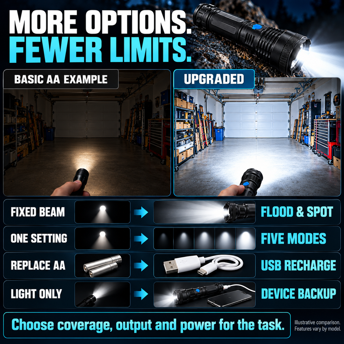 🔦 TacticalBeam Pro Rechargeable Flashlight 🎯 Adjustable Flood & Spot Beam 🌧️ IPX7 Waterproofing for Home, Roadside & Outdoor Use-8RH7