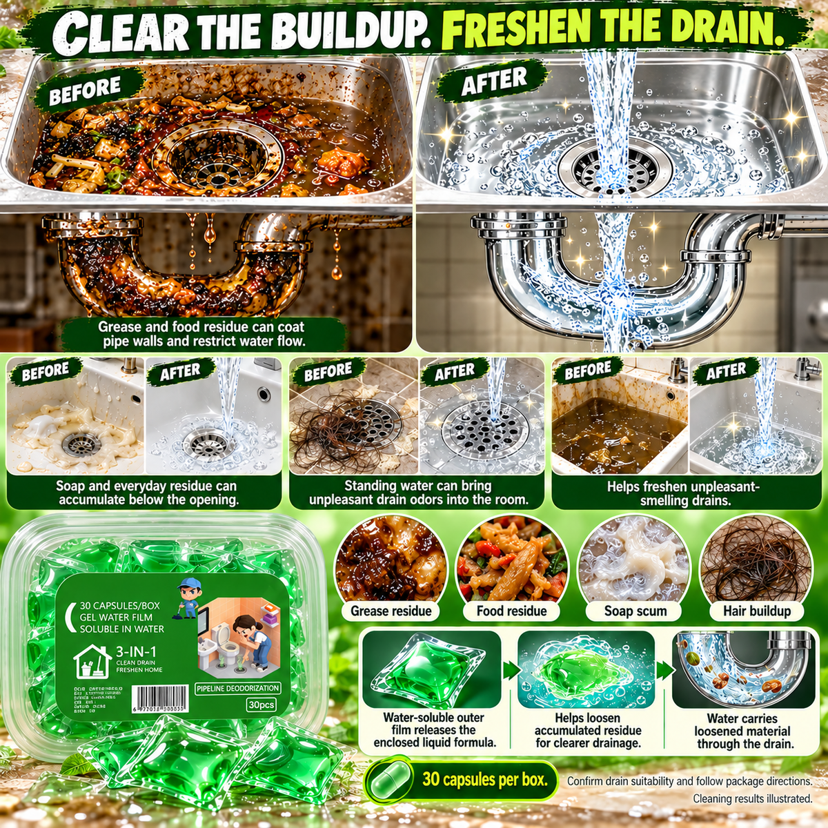 🟢 Drain-Unclogging Pods 💥Break Down Stubborn Grease & Buildup 🧽 Clear Slow Drains 🚿 Fight Drain Odors-8RH7