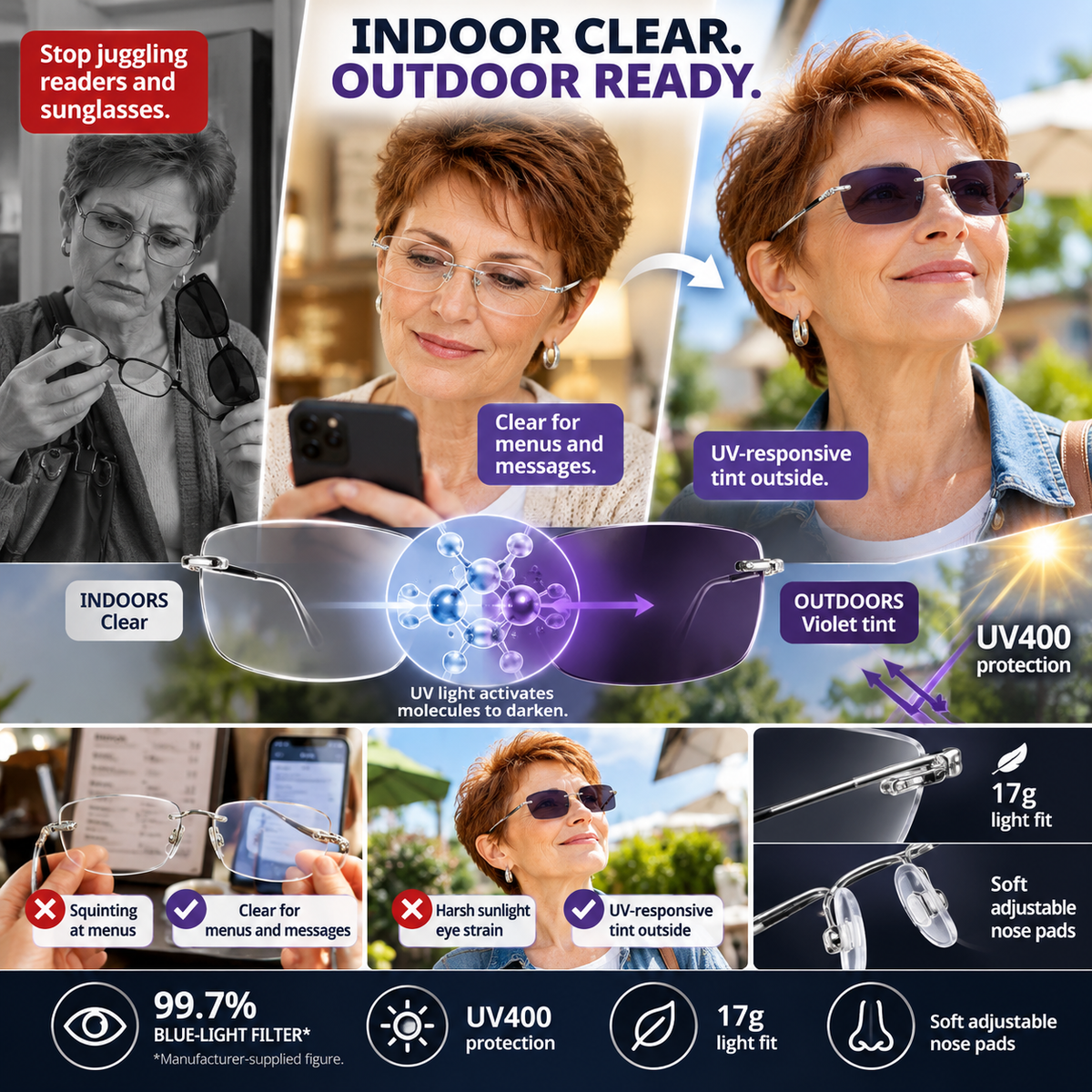 👓 Progressive Photochromic Reading Glasses 🔍 Read Tiny Print ☀️ Tint Automatically Outdoors-8RH7
