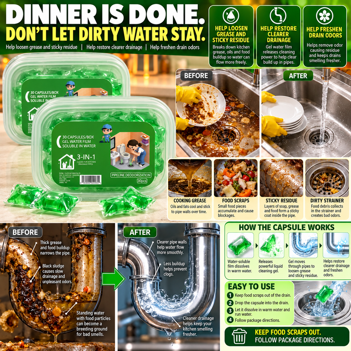 🟢 Drain-Unclogging Pods 💥Break Down Stubborn Grease & Buildup 🧽 Clear Slow Drains 🚿 Fight Drain Odors-8RH7