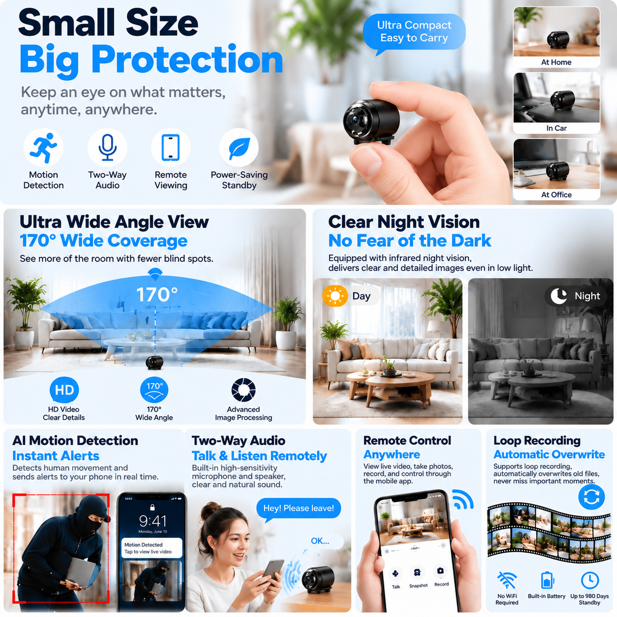 Mini Security Camera – One Tiny Camera. 170° Wide View. Night Vision. Instant Alerts. Total Peace of Mind. 👀🛡️🌙