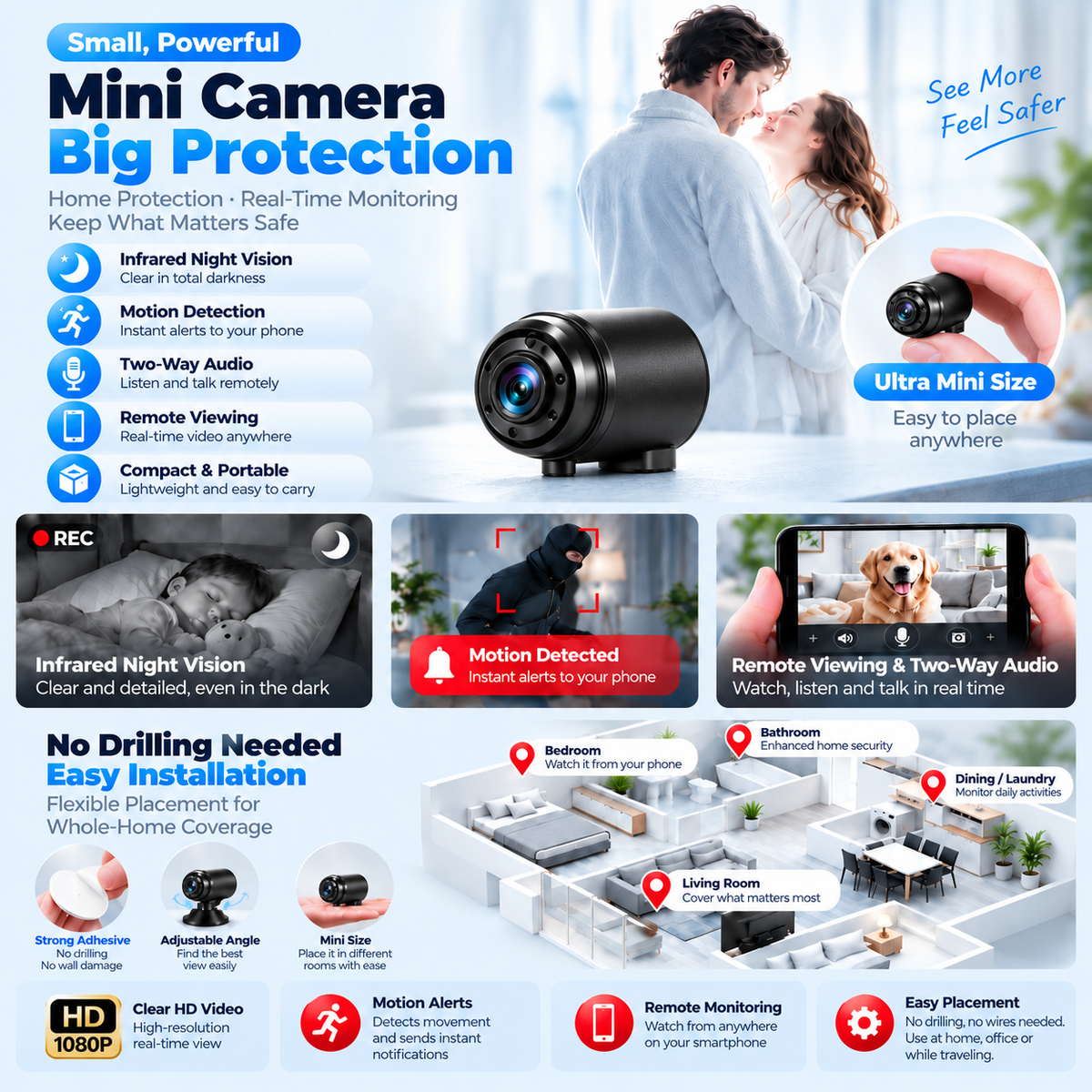 Mini Security Camera – One Tiny Camera. 170° Wide View. Night Vision. Instant Alerts. Total Peace of Mind. 👀🛡️🌙