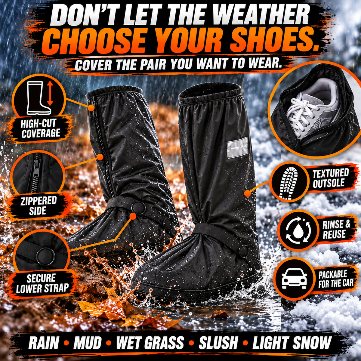 Waterproof Boot Covers 👟 Zip On Before Rain & Mud Ruin Your Favorite Shoes-8RH7