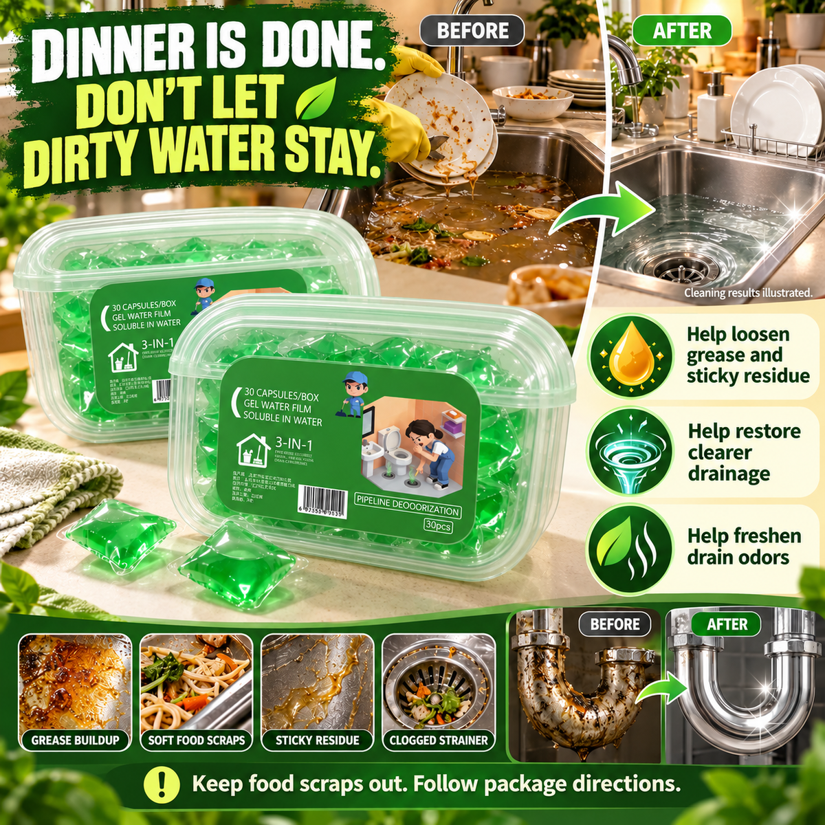 🟢 Drain-Unclogging Pods 💥Break Down Stubborn Grease & Buildup 🧽 Clear Slow Drains 🚿 Fight Drain Odors-8RH7