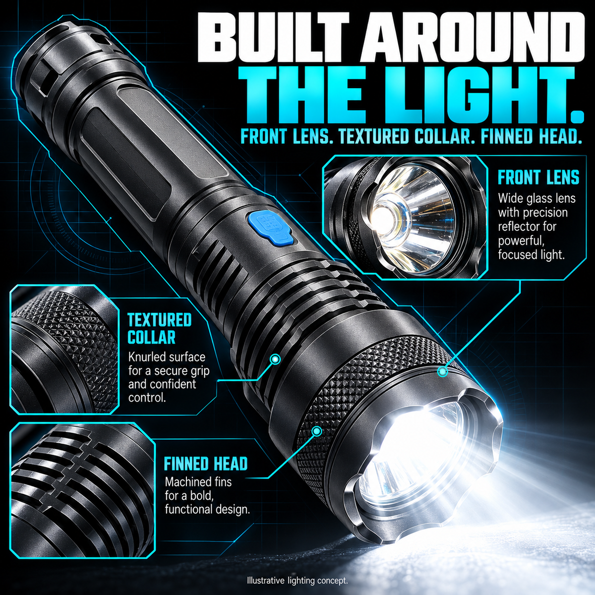 🔦 TacticalBeam Pro Rechargeable Flashlight 🎯 Adjustable Flood & Spot Beam 🌧️ IPX7 Waterproofing for Home, Roadside & Outdoor Use-8RH7