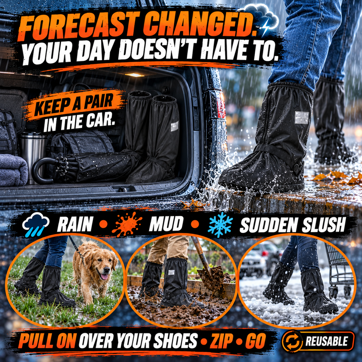 Waterproof Boot Covers 👟 Zip On Before Rain & Mud Ruin Your Favorite Shoes-8RH7