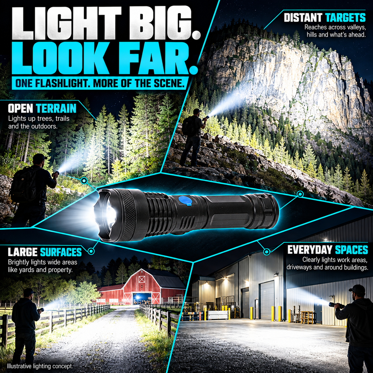 🔦 TacticalBeam Pro Rechargeable Flashlight 🎯 Adjustable Flood & Spot Beam 🌧️ IPX7 Waterproofing for Home, Roadside & Outdoor Use-8RH7
