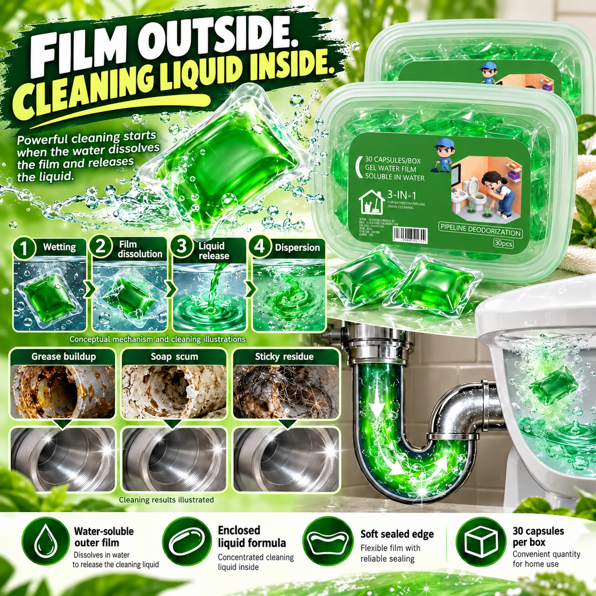 🟢 Drain-Unclogging Pods 💥Break Down Stubborn Grease & Buildup 🧽 Clear Slow Drains 🚿 Fight Drain Odors-8RH7